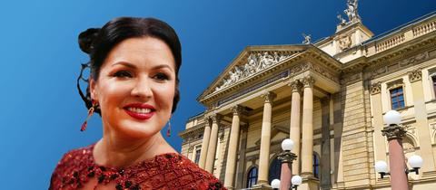 Bildkombination aus zwei Fotos: links Portrait Netrebko, rechts Außenansicht Gebäude Theater Wiesbaden.