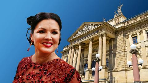 Bildkombination aus zwei Fotos: links Portrait Netrebko, rechts Außenansicht Gebäude Theater Wiesbaden.