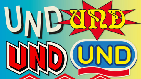 Pojektplakat von UND Offenbach - das Wort UND in verschiedenen Farben und Schrifttypen