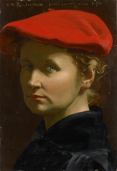 Das Bild zeigt ein Selbstporträt der Malerin Ottilie W. Roederstein. Sie trägt ein rotes Barett, ihre blond gelockten Haare sind darunter fast zu sehen. Sie blickt mit ernstem Gesichtsausdruck seitlich in die Kamera.