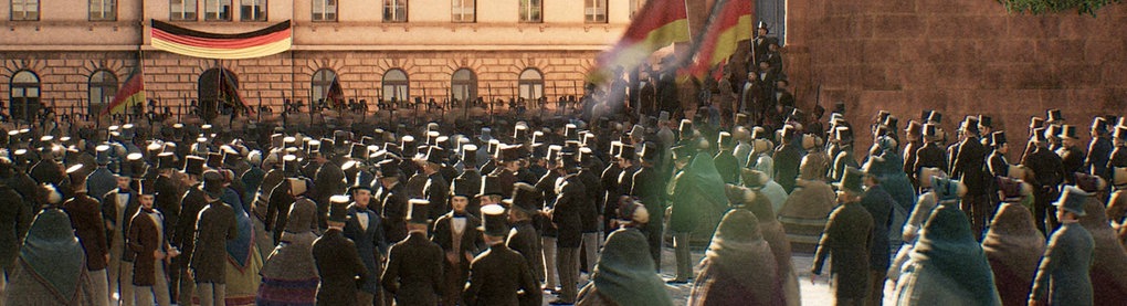 Viele Menschen in historischer Bekleidung - Frauen mit weiten Reifröcken und Männer mit Hüten - stehen vor dem Gebäude der Paulskirche.