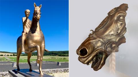 Bildkombination aus zwei Fotos: links eine Pferd/Mann-Statue im Außenbereich, rechts Pferdekopf (Skulptur) in Großaufnahme.