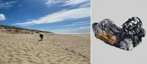 Collage aus Strandszene - Dennis Siering bückt sich, um etwas aus dem Sand aufzuheben, daneben: Synthetic Stone Nor. 87