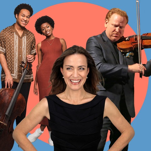 Collage: Vier Musiker*innen gruppieren sich um einen lachsfarbenen Kreis auf einer blauen Hintergrundfläche.