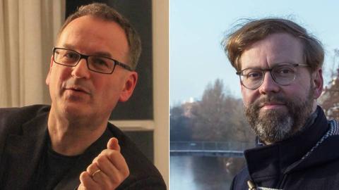 Die Collage zeigt die beiden Preisträger des Robert Gernhardt Preises 2022: Jan Koneffke (links) und Andreas Lehmann (rechts)