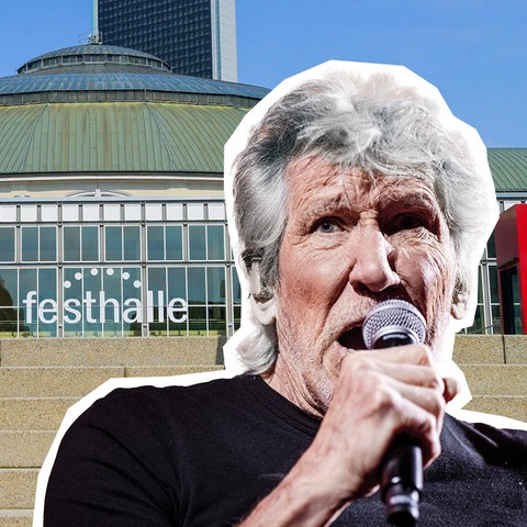 Fotomonatge im Hintergrund die Frankfurter Festhalle, im Vordergrund Roger Waters