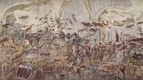 Das Bild zeigt eine abgemalte Höhlenmalerei aus Simbabwe. Sie zeigt eine Landschaft mit Elefanten und anderen Tieren sowie Menschen in mehreren Schichten, die sich überlagern. 