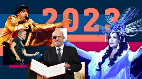 Collage aus verschiedenen Farbflächen und Fotos. Z.B. im Vordergrund Salman Rushdie, wie er ein Buch hält, daneben Anna Netrebko singend in opulentem Kostüm, Ikke Hüftgold und Roger Waters während eines Konzertes.