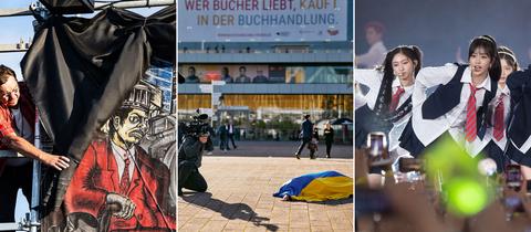 Drei Fotos nebeneinander: links hängt eine Person ein Bild ab, mittig liegt eine Person mit einer Ukraineflagge überdeckt auf dem Boden, dabneben eine Kamera, die darauf gerichtet ist, rechts junge Asiatinnen stehen auf der Bühne und singen, davor Publikum mit vielen Smartphones auf die Bühne gerichtet