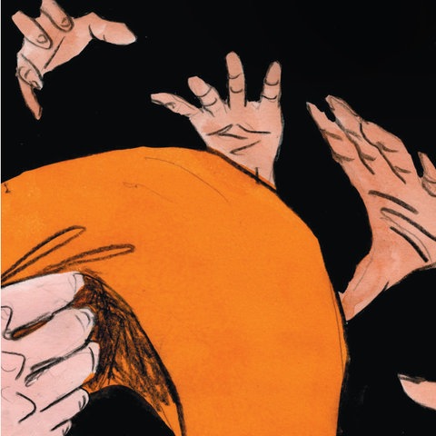 Bildkombination aus zwei Fotos: links Portrait des Comicautors; rechts Ausschnitt aus einem Bild des Comics. Hier sind Hände zu sehen, die aus der Dunkelheit nach vorn greifen zu scheinen. 