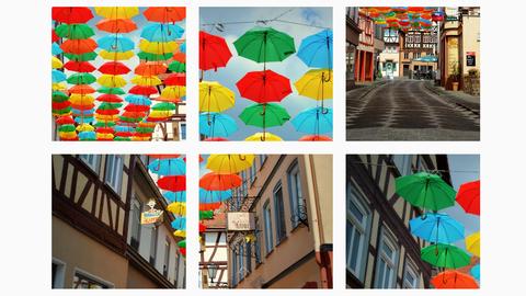 Screenshot von mehreren Instagram-Fotos mit bunten Regenschirmen