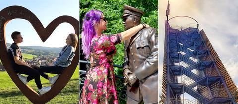 Collage: Ein Pärchen sitzt in einem metallenen Herz, eine Frau umarmt eine Elvis-Statue, ein Aussichtsturm.