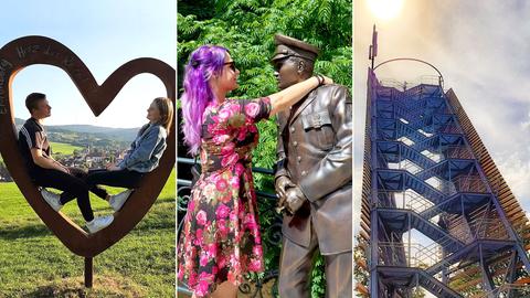 Collage: Ein Pärchen sitzt in einem metallenen Herz, eine Frau umarmt eine Elvis-Statue, ein Aussichtsturm.