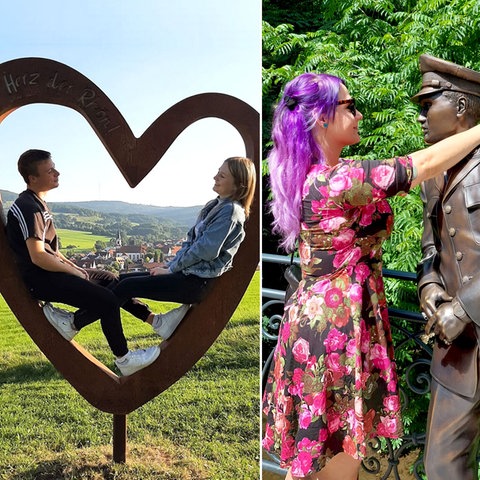 Collage: Ein Pärchen sitzt in einem metallenen Herz, eine Frau umarmt eine Elvis-Statue, ein Aussichtsturm.