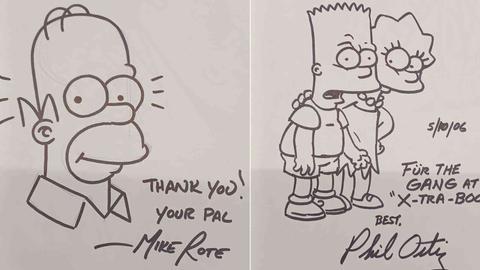 Zwei Cartoons von Homer Simpson und Bart und Lisa Simpson mit Abspann