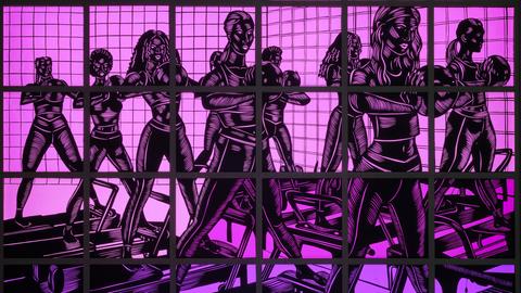 Das Bild zeigt einen Scherenschnitt in rosa, lila und schwarz. Darauf zu sehen sind verschiedene schlanke Frauen in einem Fitnessstudio. Sie stemmen eine runde Hantel mit beiden Armen nach vorn.