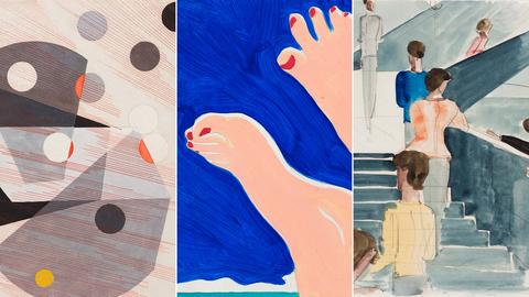 Drei Bilder, die neu angekauft wurde: links abstrakte Formen von Moholy-Nagy, mittig Füße vor Blau von Wesselmann und rechts eine Treppenhaus mit Menschen von Schlemmer.
