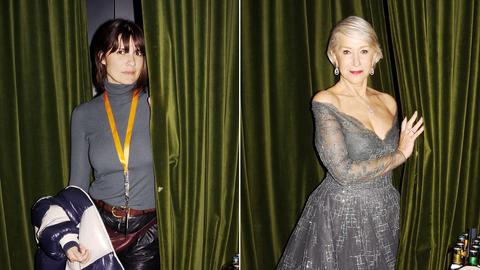 Bildkombination aus zwei Fotos: links eine Frau vor einem grünen Samtvorhang; rechts Helen Mirren in ähnlicher Pose vor dem grünen Samtvorhang.