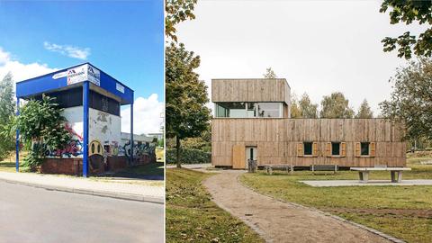 Bildkombination aus zwei Fotos: links das Gebäude vor und rechts nach dem Umbau