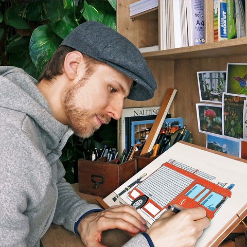 Collage: Nico Sternbaum beim Zeichnen, Buchcover