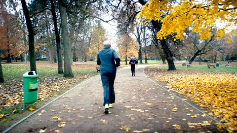 Filmstill des Drehortes "Park". Ein Mann joggt in einem Park. 