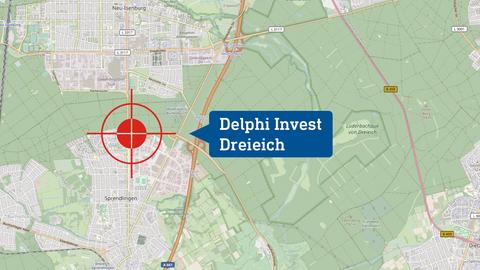 Karte, in welcher der Drehort "Delphi Invest" verortet ist.