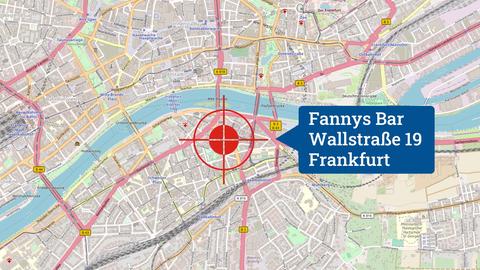 Karte vom Rhein-Main-Gebiet, in welcher der Drehort "Fannys Bar" verortet ist.