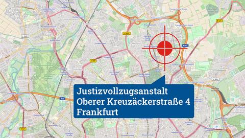 Karte vom Rhein-Main-Gebiet, in welcher der Drehort "Justizvollzugsanstalt" verortet ist.