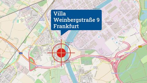 Karte vom Rhein-Main-Gebiet, in welcher der Drehort "Villa" verortet ist.