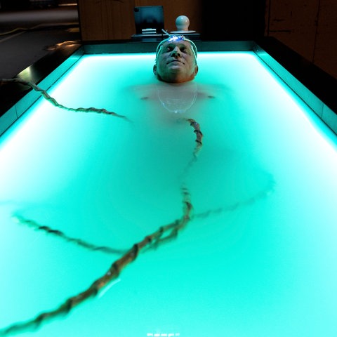 Ein älterer weißer Mann mit grauen Haaren liegt in einem blau beleuchteten Wassertank. Auf seinem Kopf sind Sensoren befestigt. 