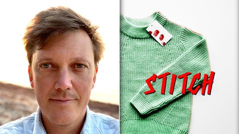 Collage: Porträtfoto Tonio Kellner, daneben das Filmplakat zu "Stitch" - ein hellgrüner Pullover, am Etikett blutige Fingerabdrücke, roter Schriftzug: Stitch