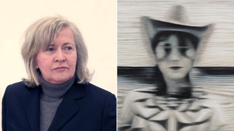 Bildkombination: links ein Portrait von Rosemarie Trockel, rechts ein Foto einer Arbeit von ihr (Kopf einer Frau mit Hut, sehr unscharf)
