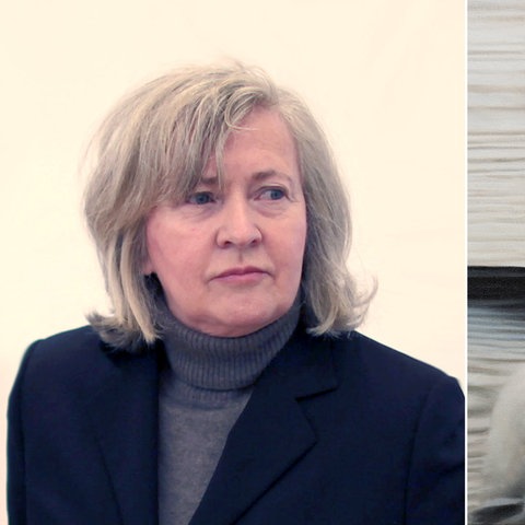 Bildkombination: links ein Portrait von Rosemarie Trockel, rechts ein Foto einer Arbeit von ihr (Kopf einer Frau mit Hut, sehr unscharf)