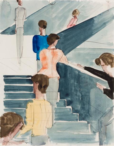 Das Bild zeigt eine Aquarell- und Bleistiftzeichnung. Insgesamt sind sieben Menschen von hinten zu sehen, wie sie eine Treppe hochgehen.