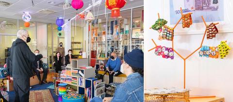 2:1-Collage - auf der einen Seite - Menschen, die in einem bunt dekorierten Raum sitzen, Lampions hängen von der Decke, auf der anderen Seite ein Ständer mit bunten Uhren, Ketten und Süßigkeiten