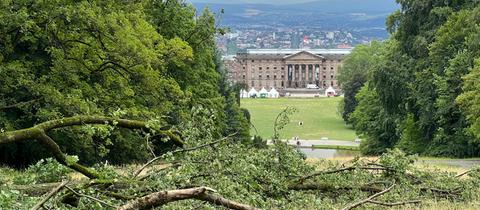 Das Foto zeigt den Blick auf das Schloss Wilhelmshöhe nach dem großen Unwetter: im Vordergrund liegen umgefallene Bäume