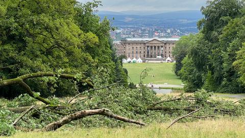 Das Foto zeigt den Blick auf das Schloss Wilhelmshöhe nach dem großen Unwetter: im Vordergrund liegen umgefallene Bäume