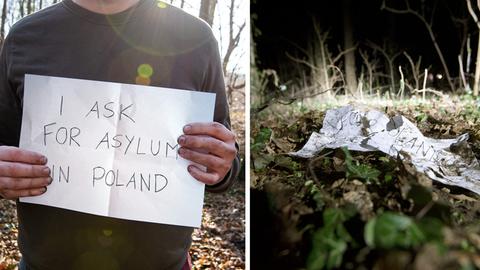 Links ein Mann mit einem handgemalten Schild "I ask for asylum in Poland"/ Rechts der zerknüllte Zettel am Boden.