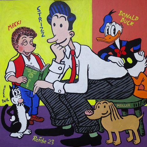 Das Bild zeigt einen Comic. Darauf zu sehen sind verschiedene Figuren wie ein schwarz-weißer Kater, Igel Mecki, der in einem Buch liest, Buchhalter Strizz, der auf einem Hocker sitzt und Donald Duck, der sich an ihn anlehnt.