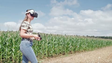 Junge Frau Mit VR-Brille und Controller in der Hand auf einem Maisfeld