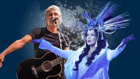 Roger Waters und Anna Netrebko nebeneinander in einer Fotomontage