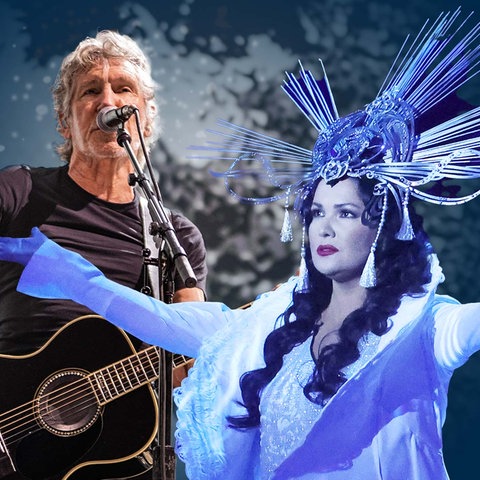 Roger Waters und Anna Netrebko nebeneinander in einer Fotomontage