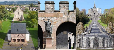 Drei Fotos nebeneinander: links das Kloster Lorsch aus der Vogelperspektive, mitte ein Fassadenausschnitt der Saalburg mit Skulptur und rechts eine Wasserkaskade umrahmt von einem Park.