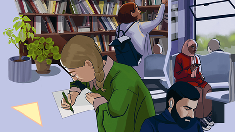 Die Zeichnung zeigt vier junge Menschen: ein Mädchen mit Stift und Zettel an einem Schreibtisch, einen jungen Mann mit Bart an einem Smartphone, eine Frau mit Rucksack vor einem Bücherregal und eine Frau mit Kopftuch, die in einer Straßenbahn sitzt und auf ihr Handy schaut.