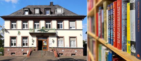 Kombination von zwei Fotos: links ein Gebäude in der Außenansicht; rechts Regal mit vielen Büchern