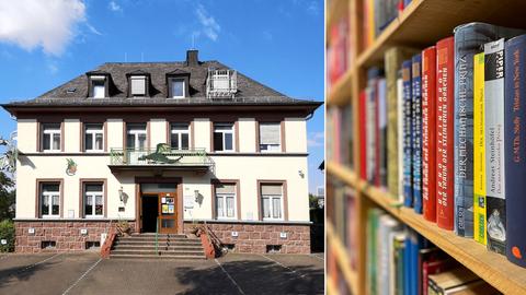 Kombination von zwei Fotos: links ein Gebäude in der Außenansicht; rechts Regal mit vielen Büchern