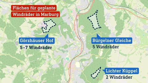 Auf einer Karte von Marburg sind die drei Flächen umrandet, auf denen in Zukunft Windräder gebaut werden dürfen.