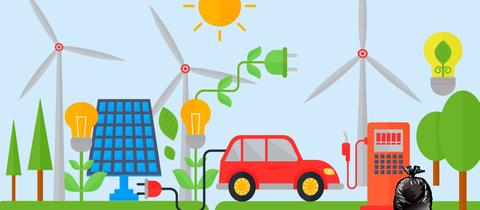 Illustration zum Thema nachhaltiges Leben mit erneuerbarer Energie etc.