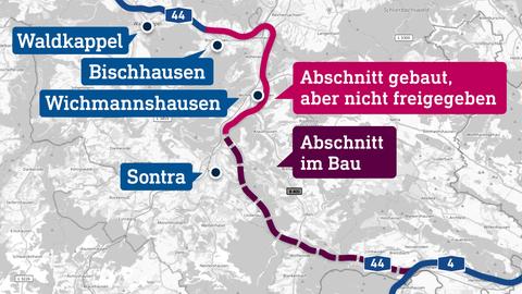 Eine Karte zeigt den Verlauf der A44 mit zwei verschiedenen Bauabschnitten und einigen Orten, die an der Strecke liegen.