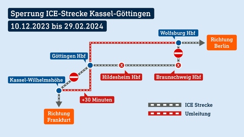 Eine Karte zeigt dass es zwischen Kassel und Göttingen eine Sperrung der ICE Strecke gibt